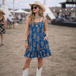 Casual Boho Coco + Jamison Chiffon Babydoll Mini Dress Teal Paisley M